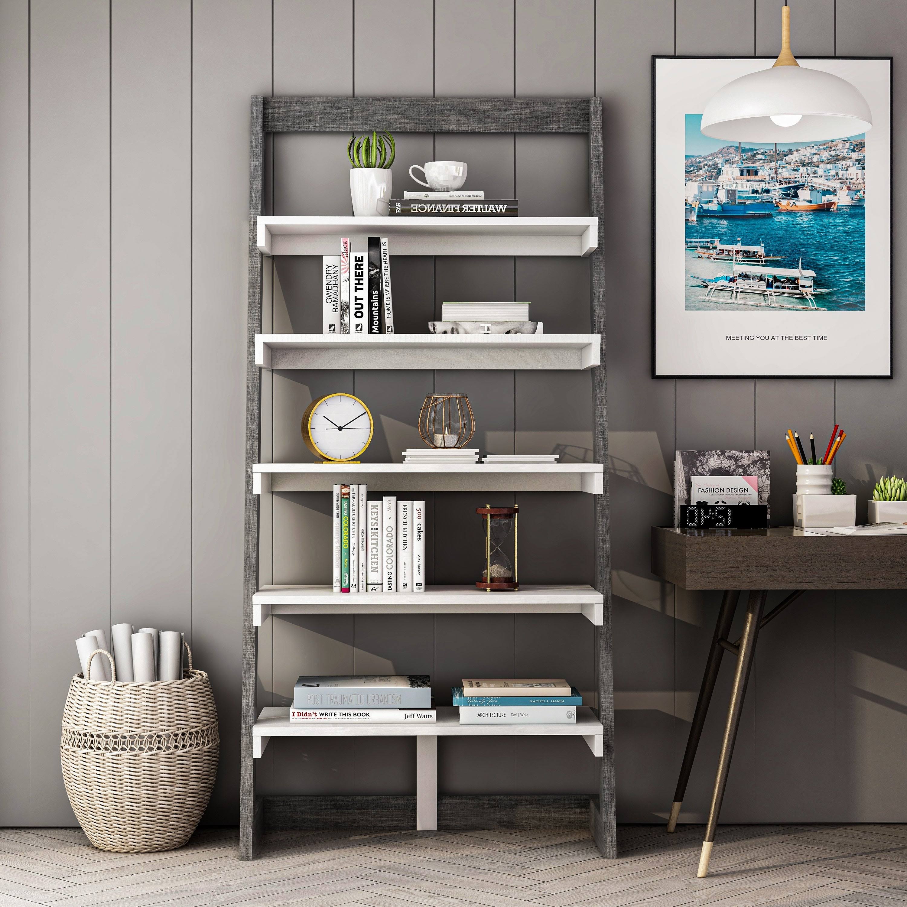 Distressed Grey 5-Shelf Leaning Bookcase H5514