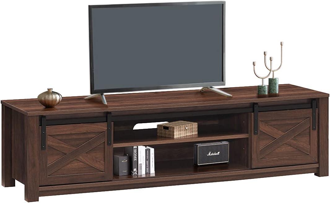 Brown Wooden TV Stand with Storage Cabinet & Sliding Barn Doors V7748