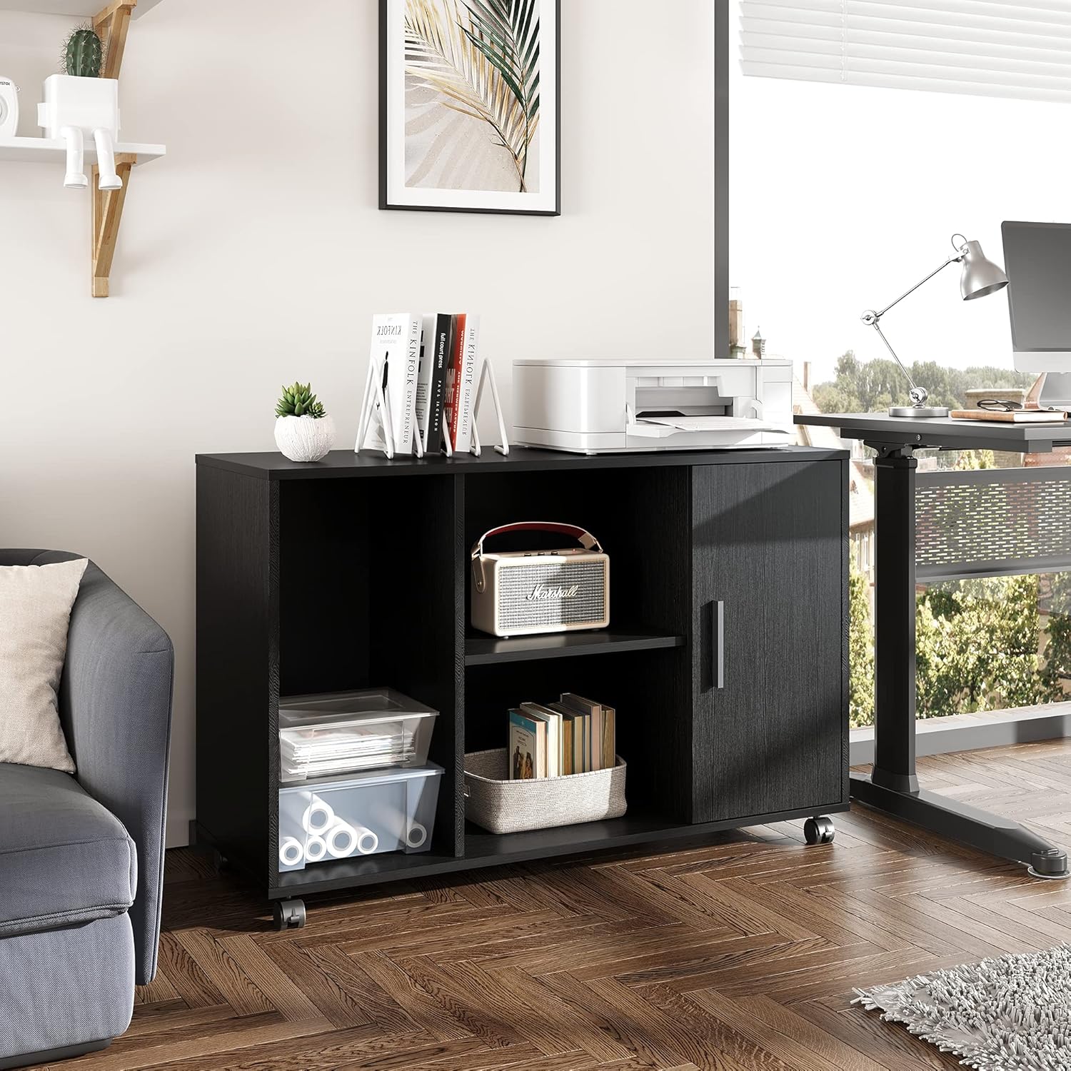 Black Wood Filing Cabinet with Adjustable Shelves on Lockable Wheels U394417