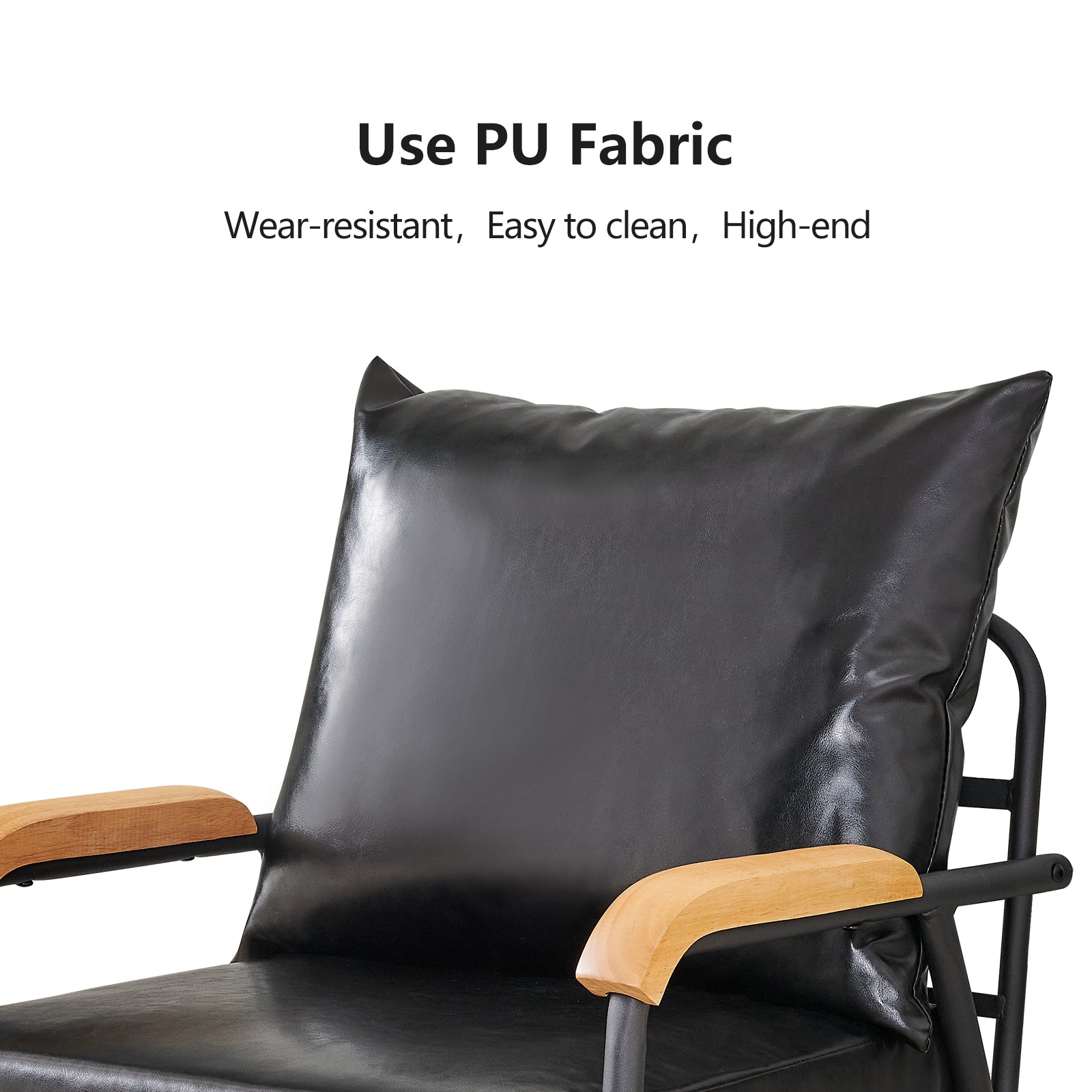 Black Faux Leather Single Sofa Couch with Solid Wood Armrest and Metal Frame L640818