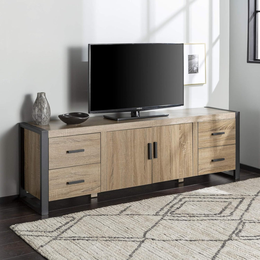60 Inch Wood TV Stand with Cabinet Doors and Open Shelves Y610