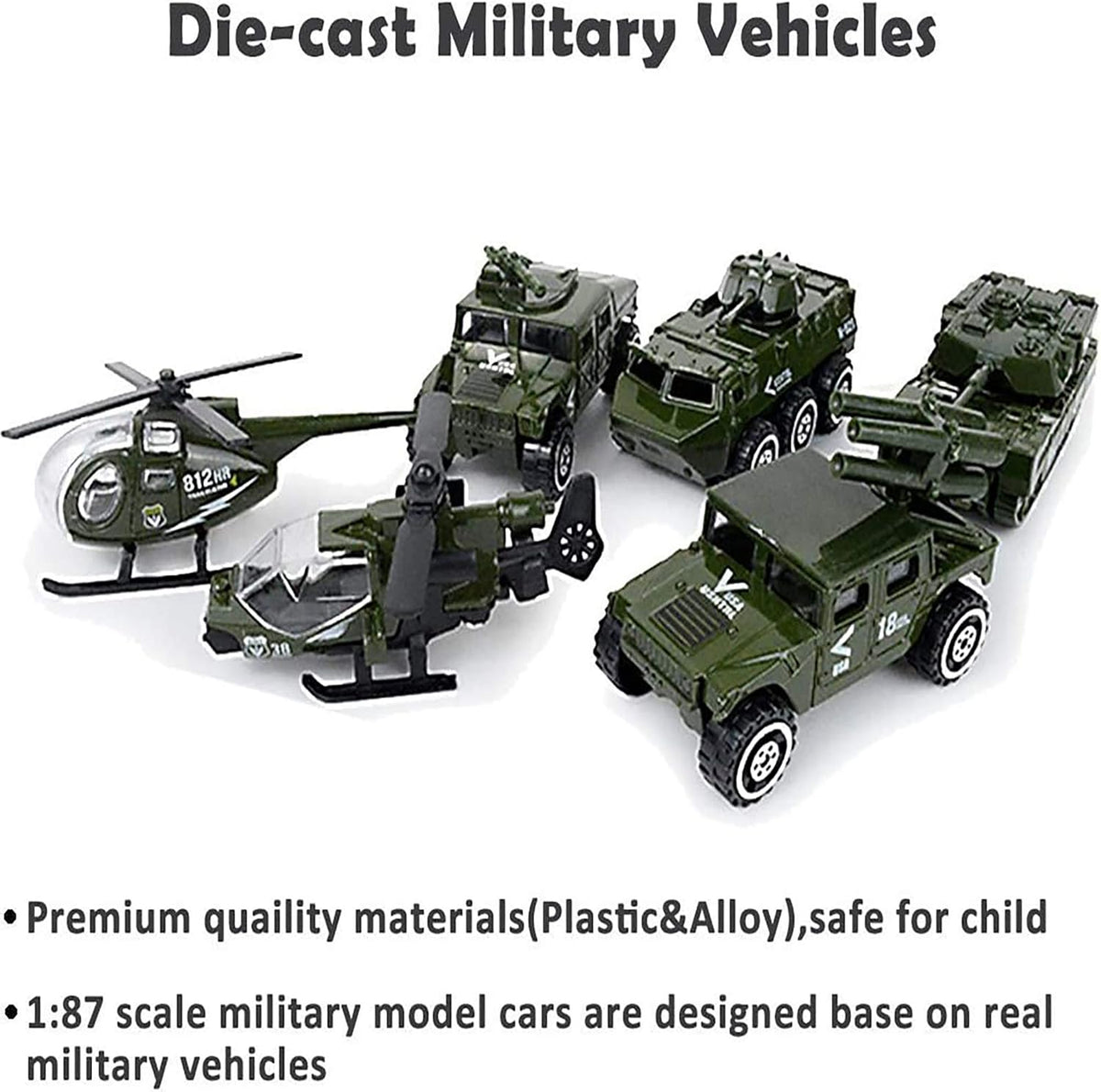 Diecast Military Vehicles 6 Pack Alloy Metal Model Cars Tank Helicopter Panzer Anti-Air Vehicle Playsets N6271