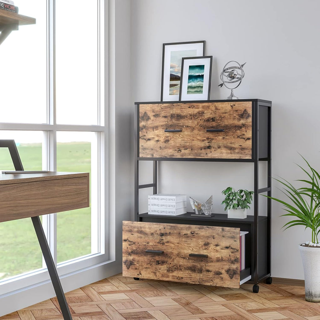 2 Drawer File Cabinet with Bookshelf, Rustic Brown A215