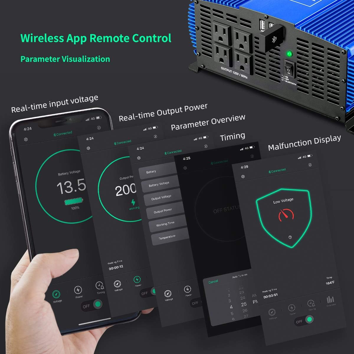 3000W Pure Sine Wave Power Inverter 12V DC to 110V AC Car Inverter with Bluetooth 4 AC Outlets 2 USB Ports H215601