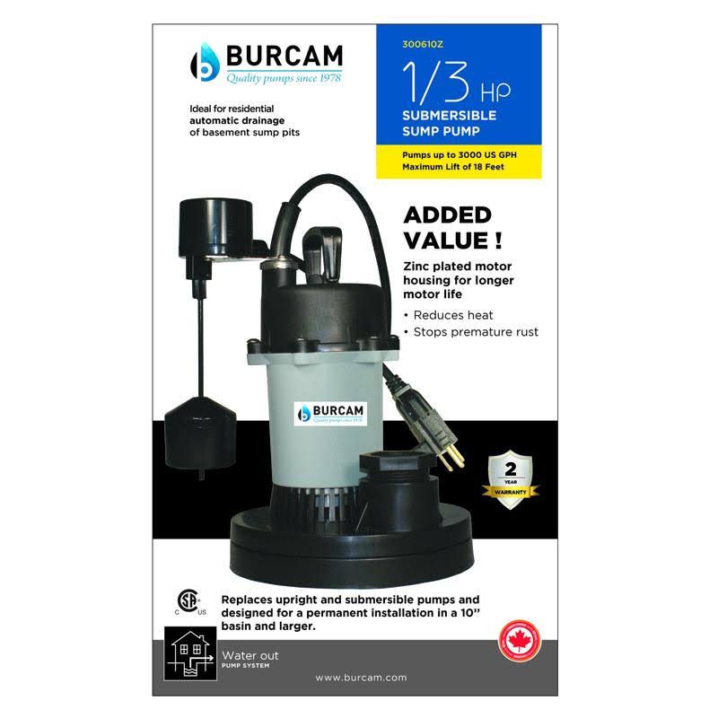 Thermoplastic Submersible Sump Pump, 1/3 HP, 3000 GPH J2844