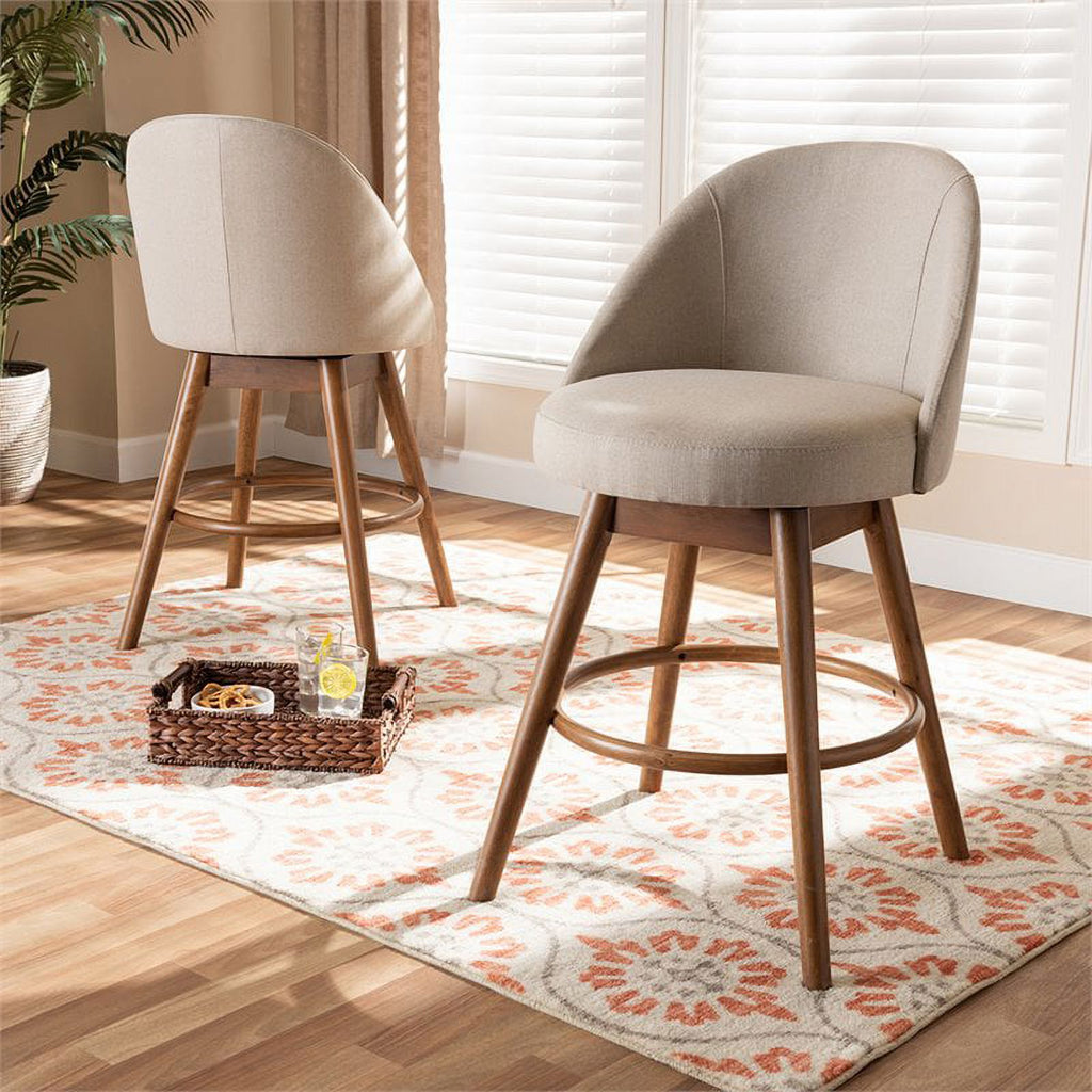 Mid Century Upholstered Swivel Counter Stool in Walnut (Set of 2) R814
