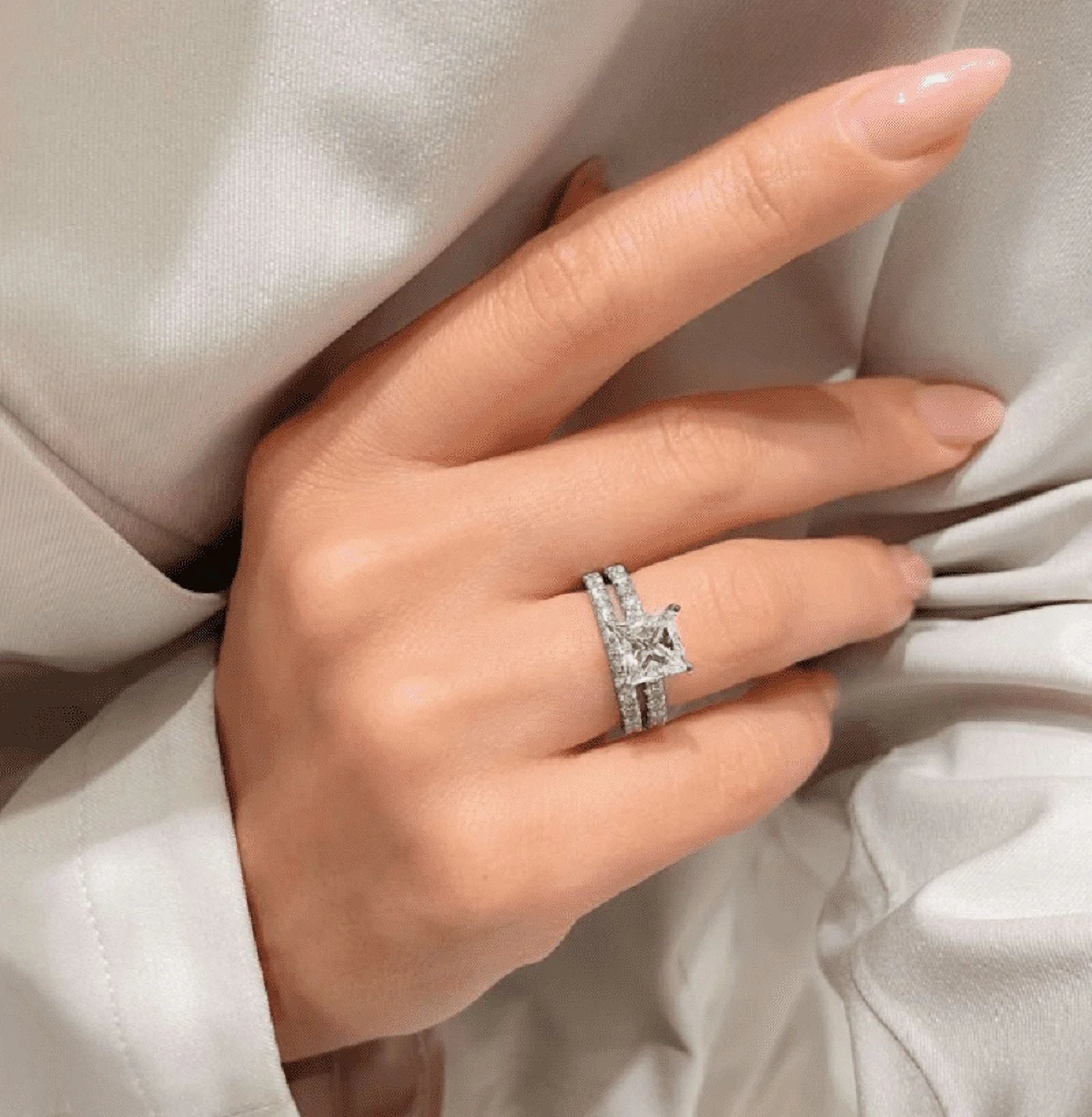 14K White Gold Plated Princess Cut Moissanite Engagement Ring Set U661237