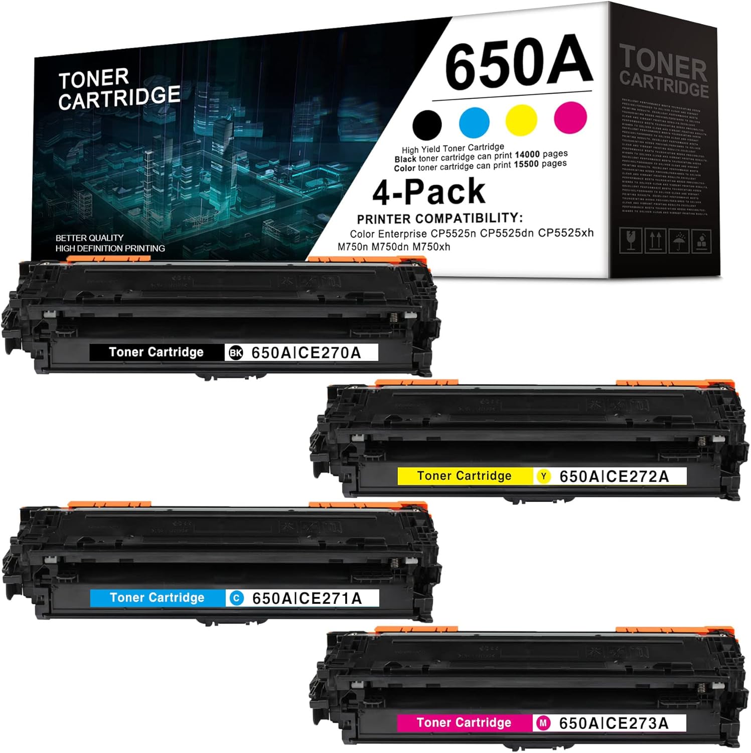 4 Pack Remanufactured Toner Cartridge for HP Color Enterprise CP5525n CP5525dn CP5525xh M750n M750dn M750xh F6180
