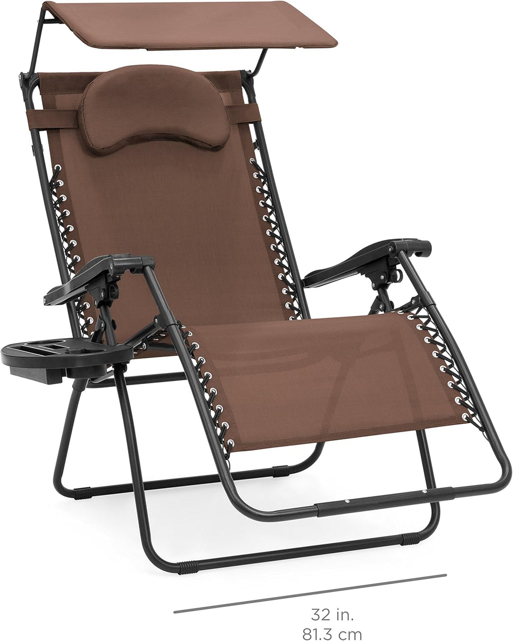 Oversized Steel Mesh Zero Gravity Reclining Lounge Patio Chair with Folding Canopy Shade and Cup Holder W39918