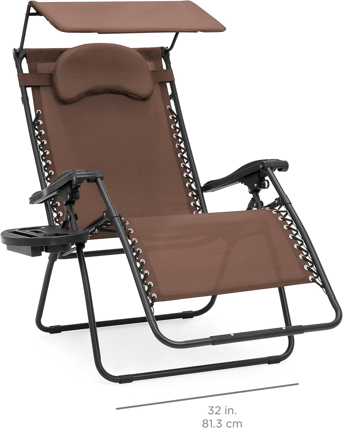 Oversized Steel Mesh Zero Gravity Reclining Lounge Patio Chair with Folding Canopy Shade and Cup Holder W39918