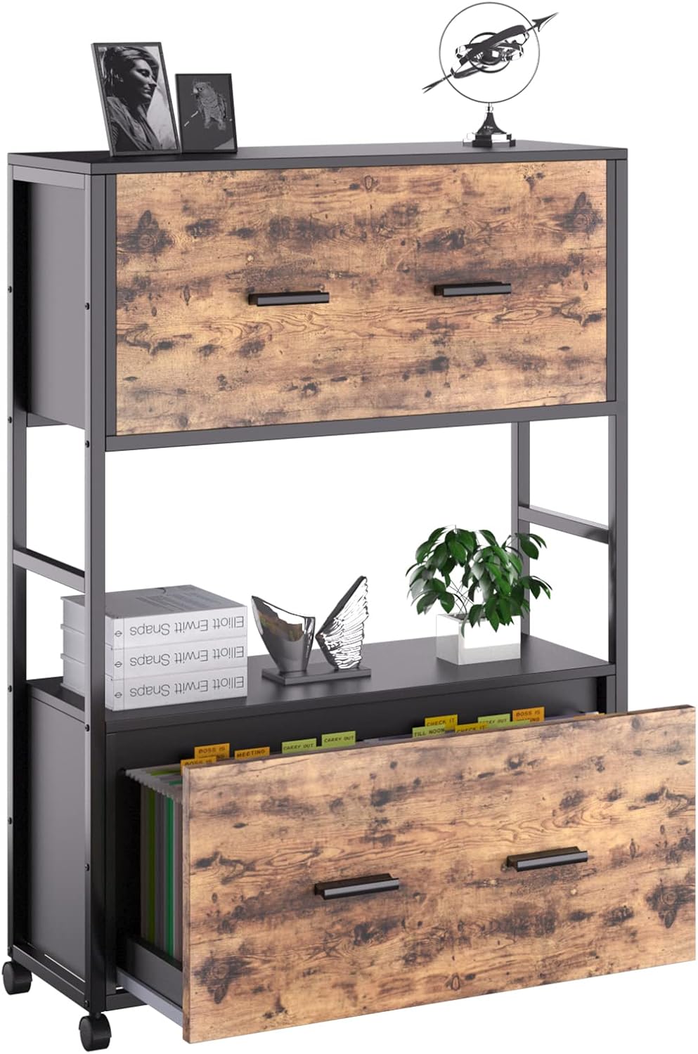 2 Drawer File Cabinet with Bookshelf, Rustic Brown A215