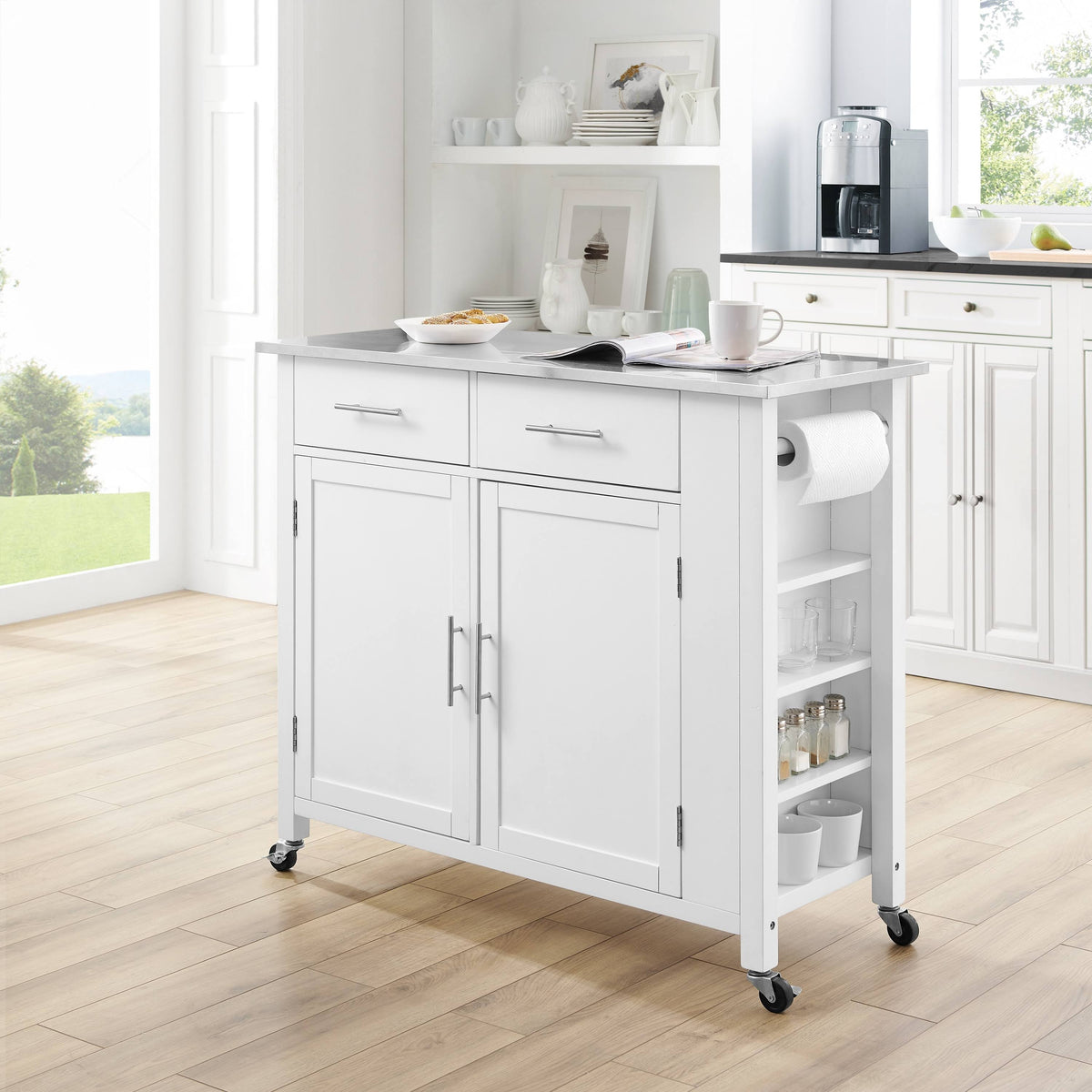 White Stainless Steel Top Full-Size Kitchen Island Cart L3084