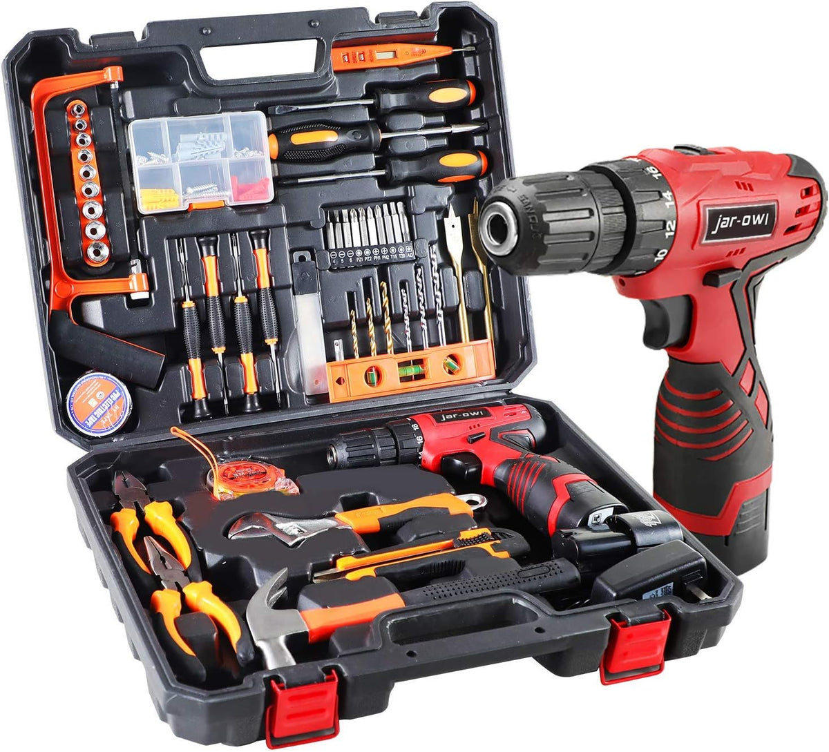 Cordless Drill Set with 2 Batteries and Plastic Toolbox Storage Case, 108 Piece T554