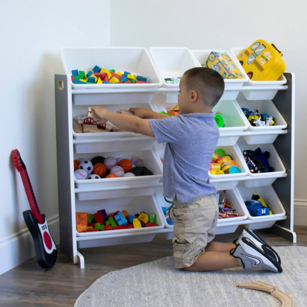 16 Storage Bins Toy Organizer, Grey/White R91889