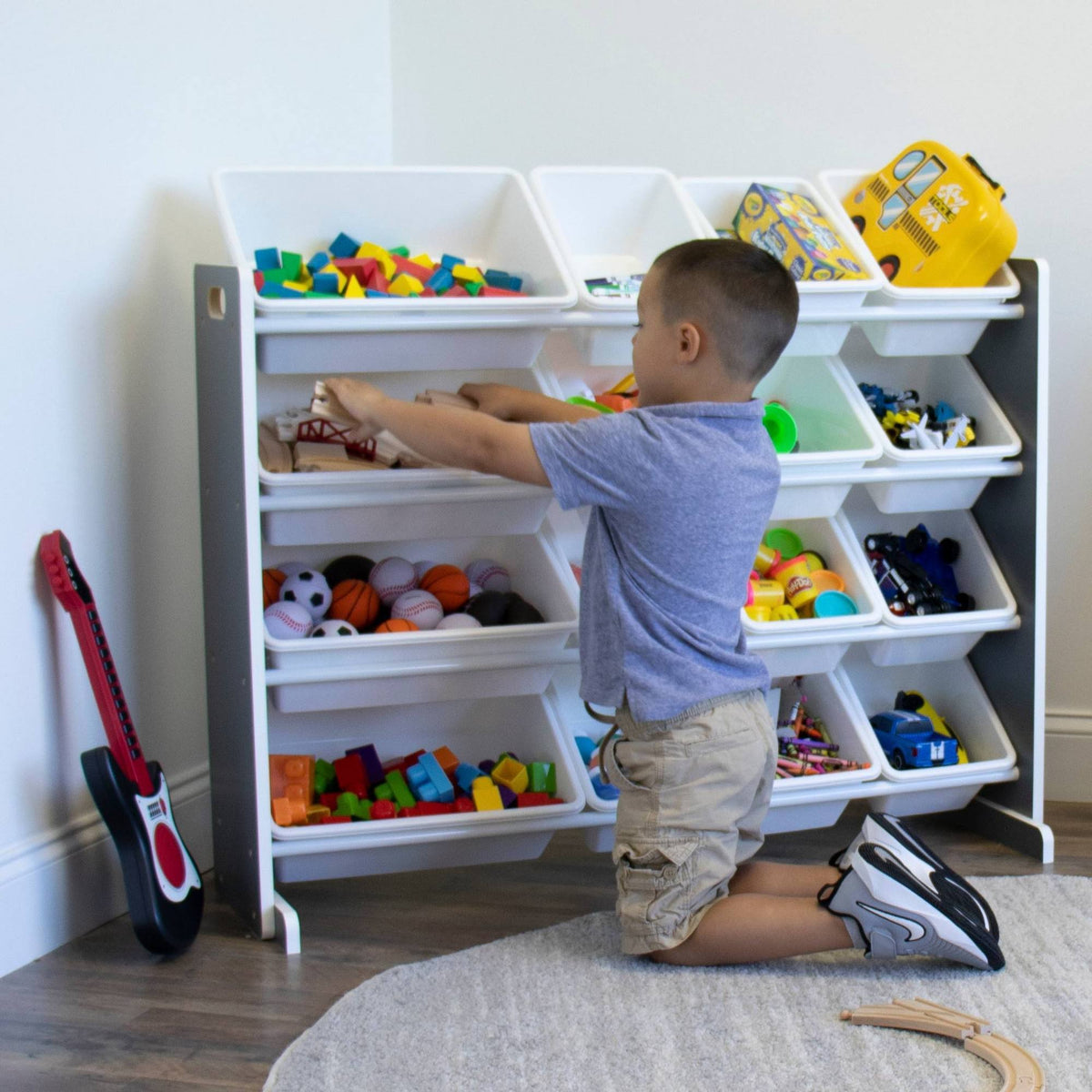 16 Storage Bins Toy Organizer, Grey/White R91889