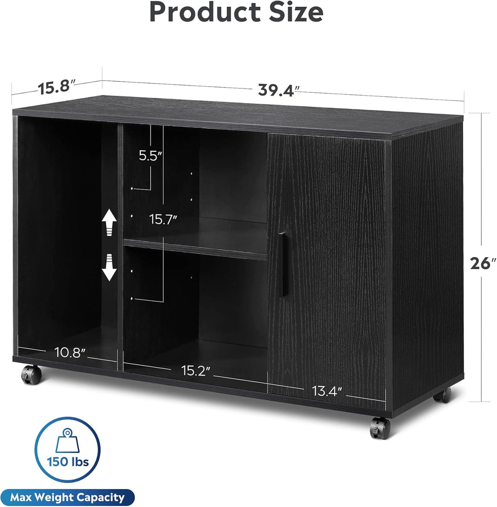 Black Wood Filing Cabinet with Adjustable Shelves on Lockable Wheels U394417