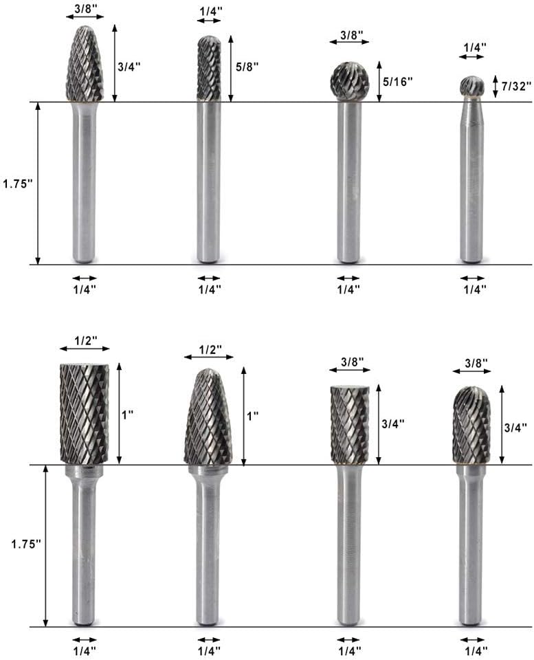 Carbide Burr Set with 1/4'' Shank 8pcs Double Cut Solid Carbide Rotary Burr Set C137436