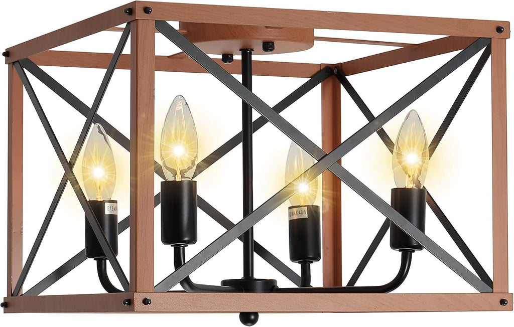 Retro Semi Flush Mount 4-Light Rectangle Wood Ceiling Light Fixture J903