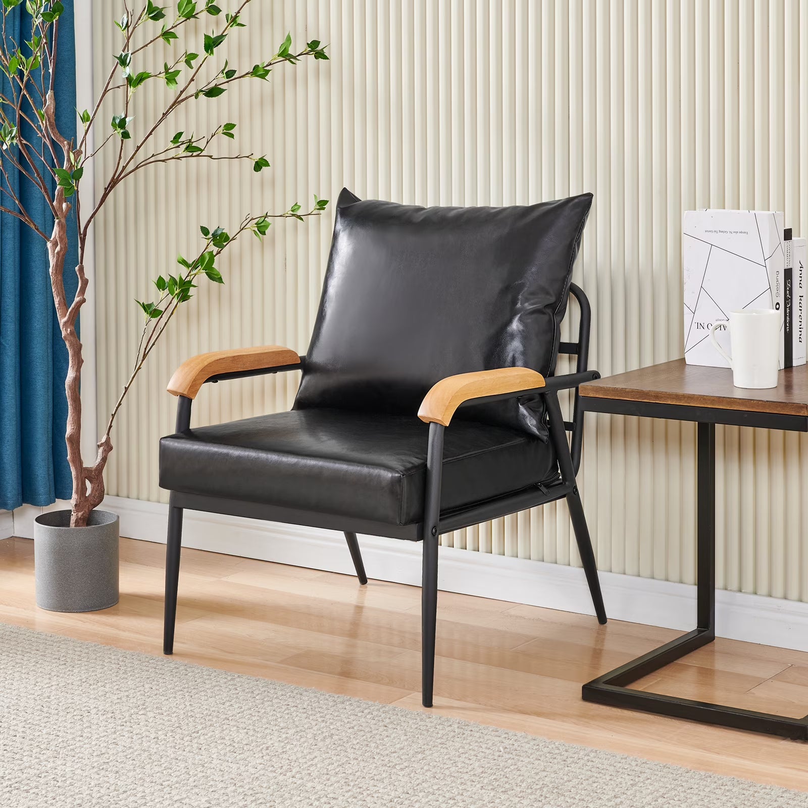 Black Faux Leather Single Sofa Couch with Solid Wood Armrest and Metal Frame L640818