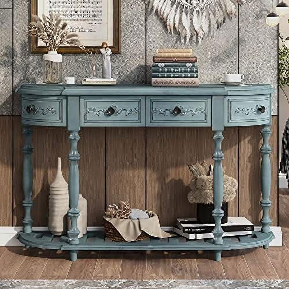 Curved Console Table with 4 Drawers Solid Wood Frame Black J8805
