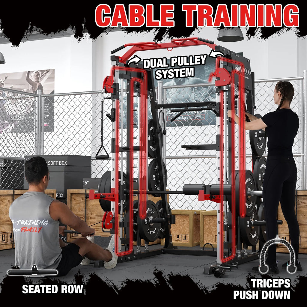 Smith Machine Power Rack Cage with Weight Bench and Cable Crossover System G901