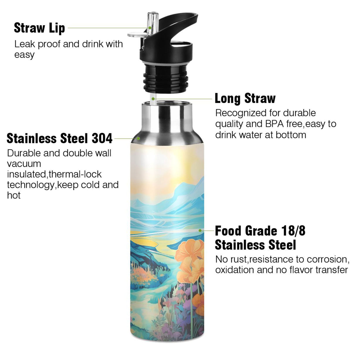 Blue Stainless Steel Insulated Water Bottle with Straw Lid O4913