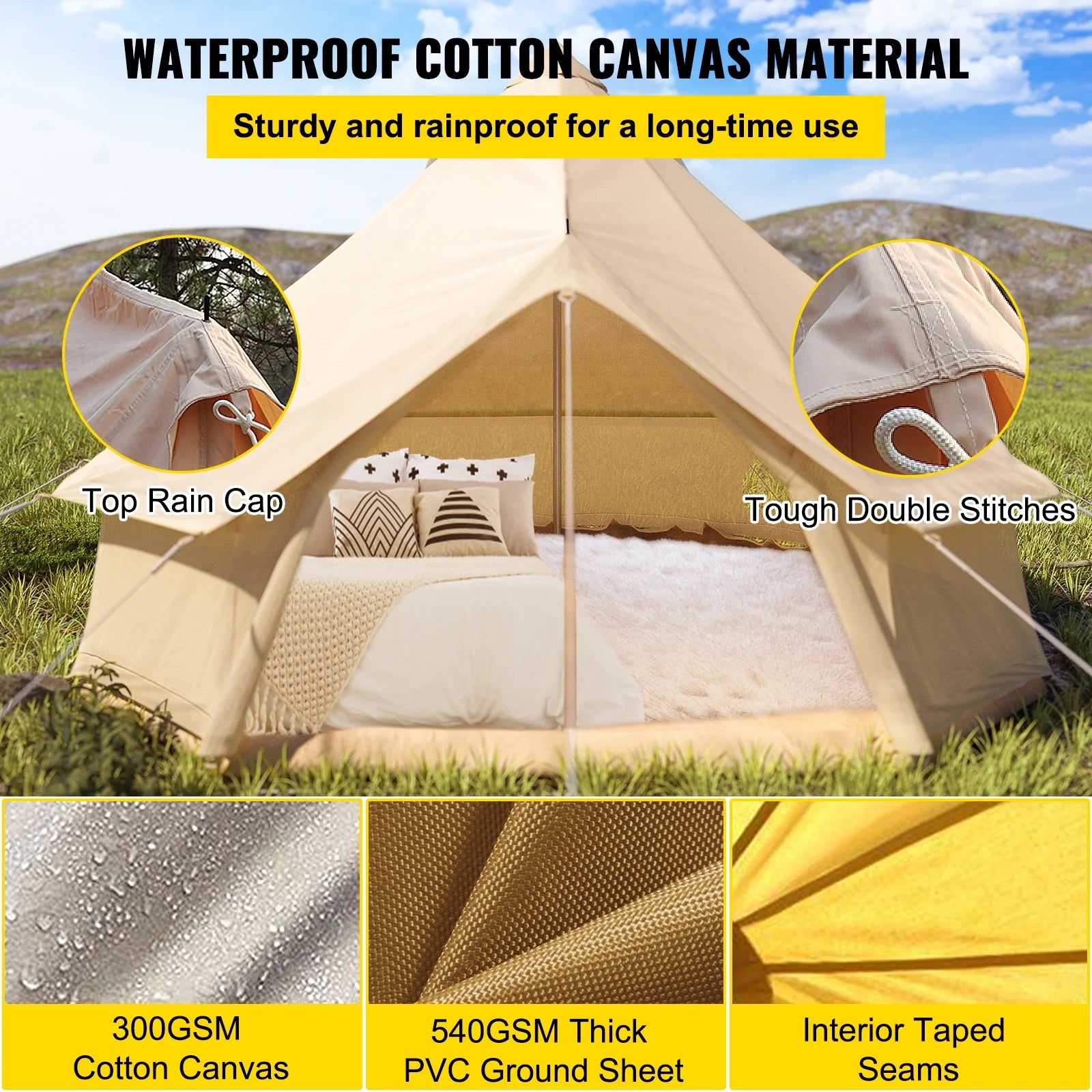 Canvas Bell Tent 16.4ft Cotton Canvas Tent with Wall Stove Jacket Waterproof Bell Tent D771089