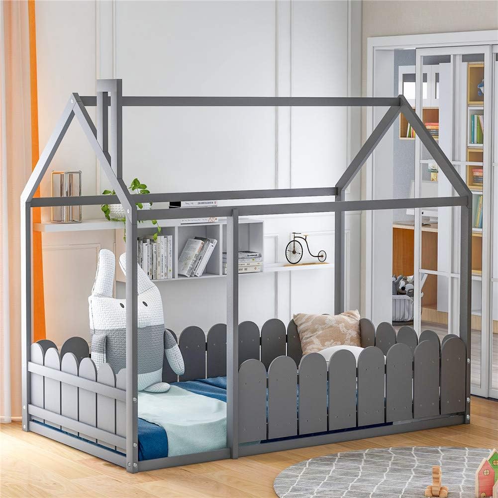 White Wood Twin Size House Bed Frame with Fence K1330