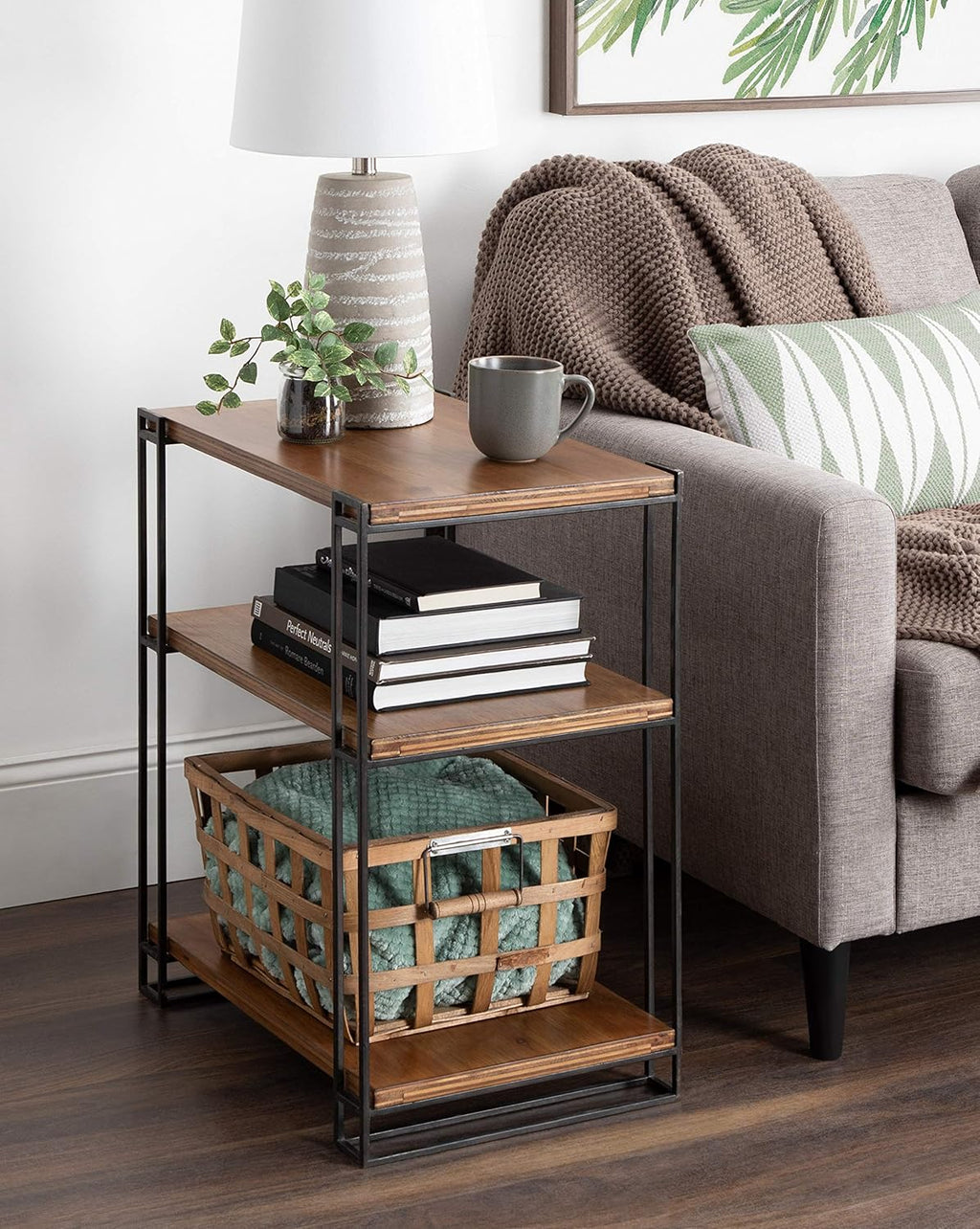 Rustic Caramel Brown Wood and Metal Side Table with Three Shelves S2295