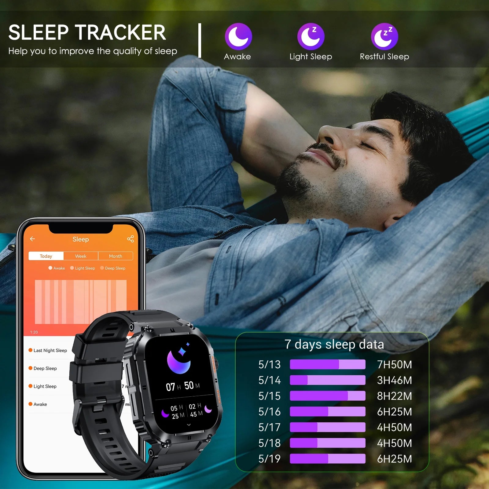 Rugged Tactical Smart Watch with 1.96'' HD Outdoor Fitness Tracker F533106