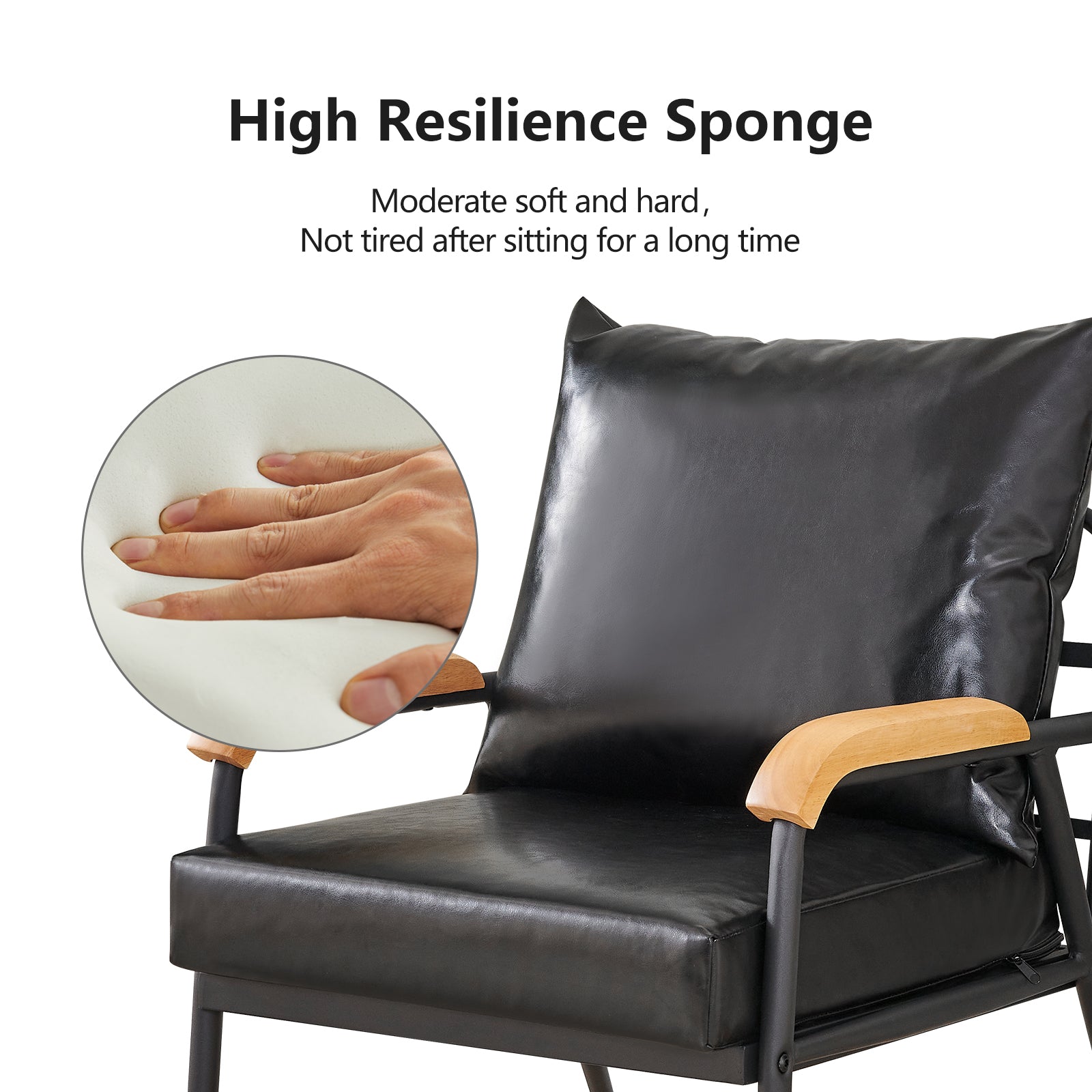 Black Faux Leather Single Sofa Couch with Solid Wood Armrest and Metal Frame L640818