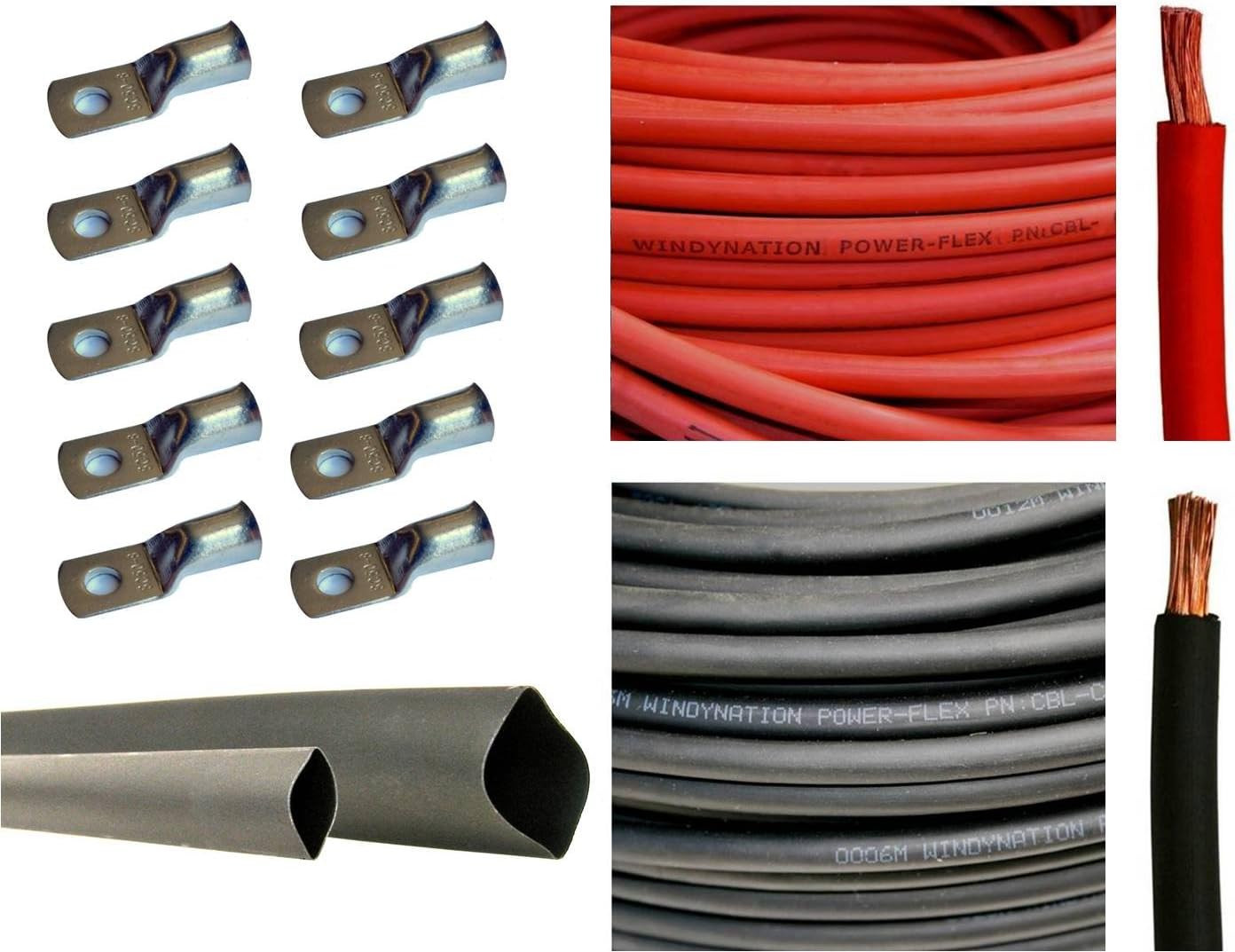 6 Gauge 25 Feet Red + 25 Feet Black Pure Copper Flexible Cable + 10pcs 3/8 Tinned Copper Cable Lug Terminal Connectors + 3 Feet Black Heat Shrink Tubing N255