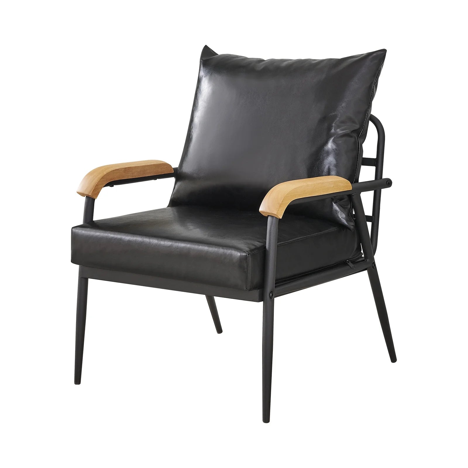 Black Faux Leather Single Sofa Couch with Solid Wood Armrest and Metal Frame L640818