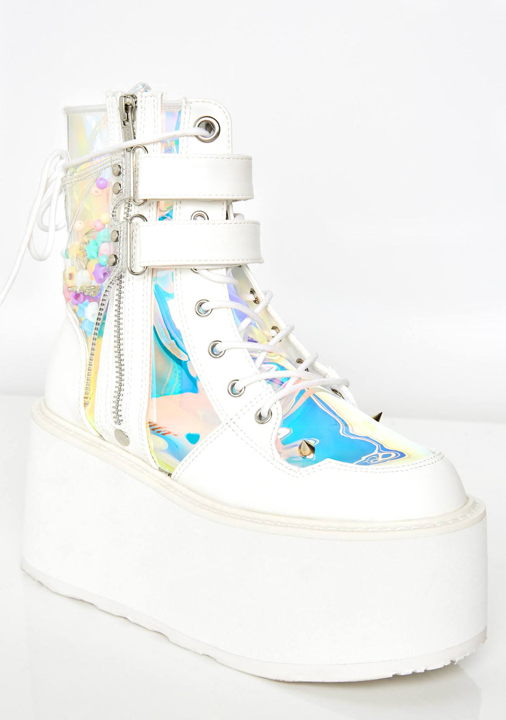 White Vegan Leather-Clear Hologram PVC Boots K80540