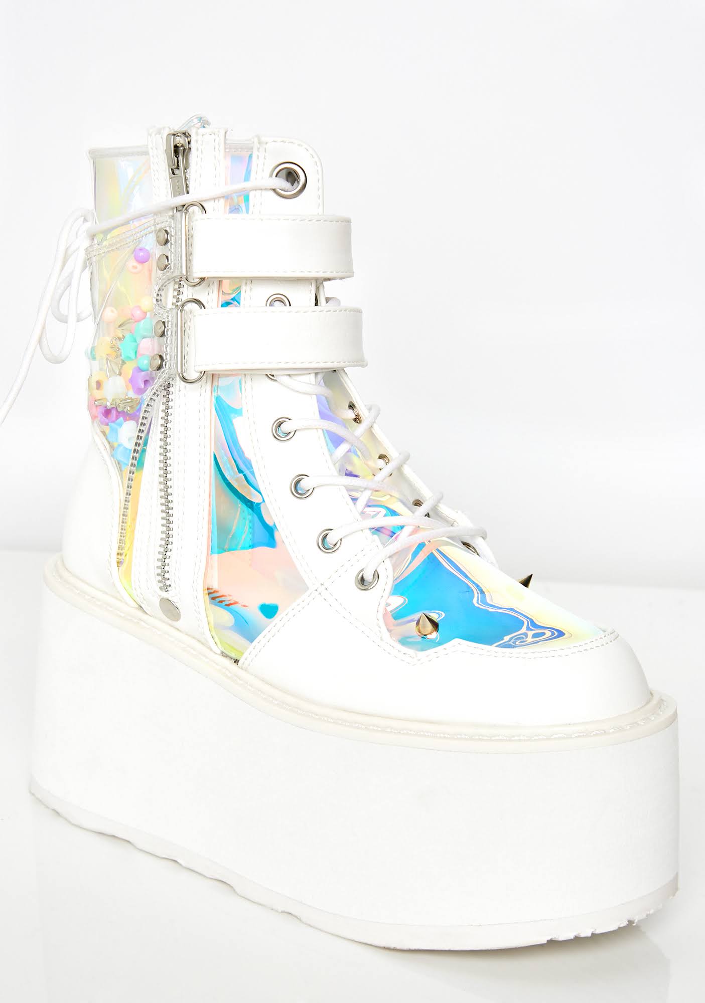 White Vegan Leather-Clear Hologram PVC Boots K80540
