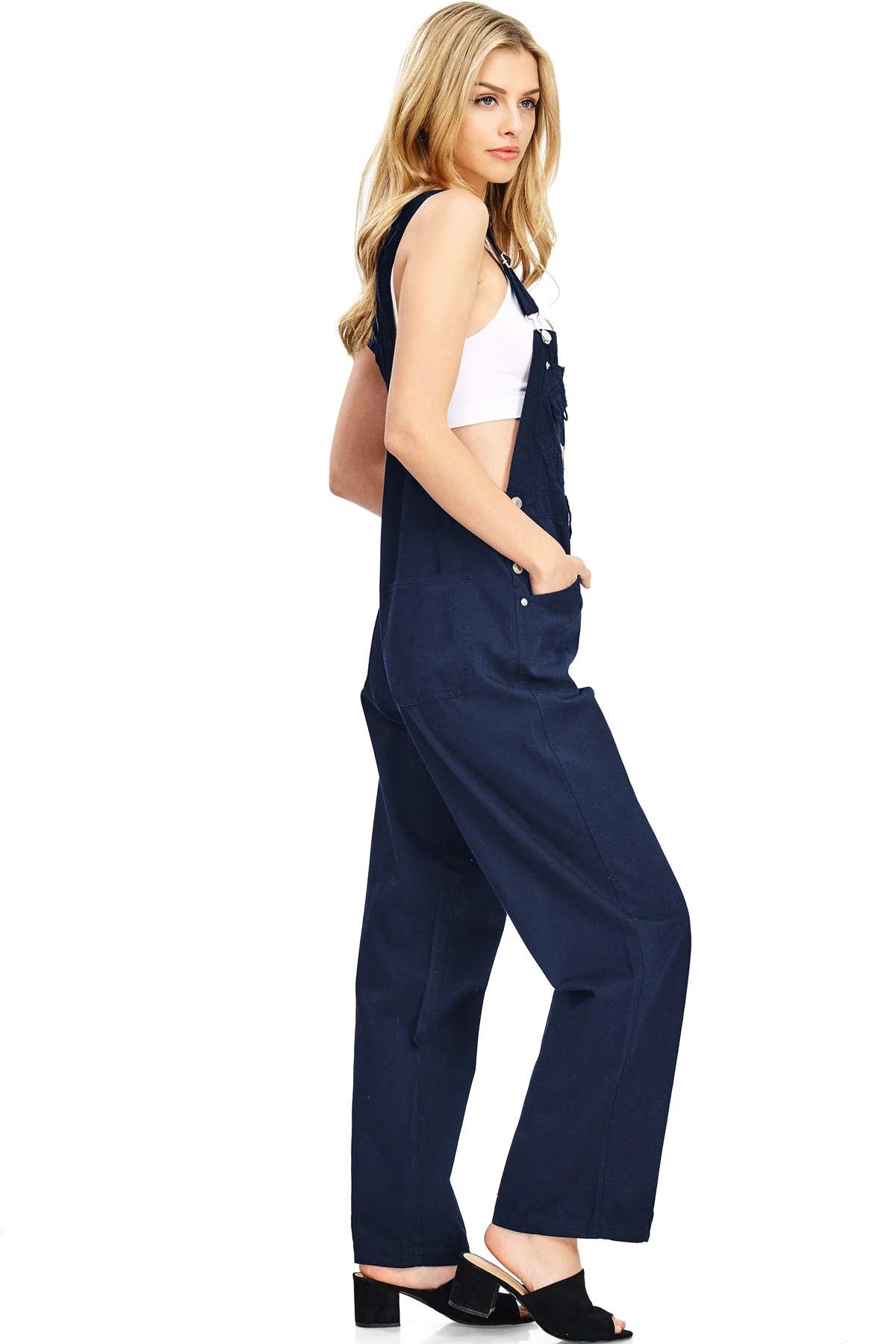 Navy Blue Baggy Straight Leg Twill Overalls F346
