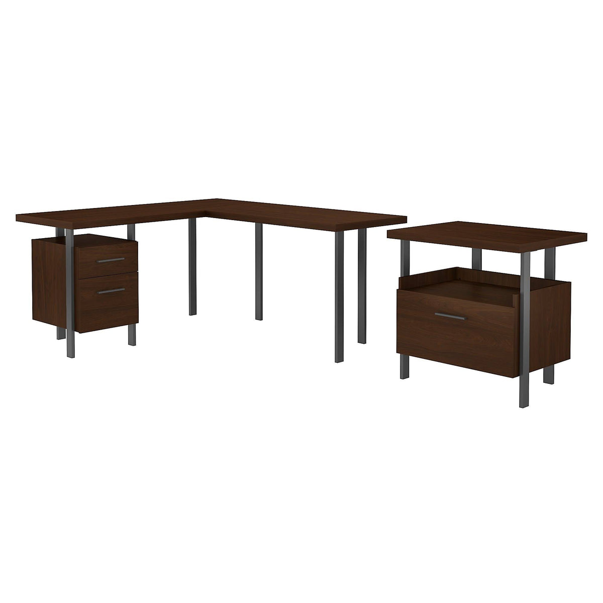 Walnut L-Shaped Desk with Lateral File Cabinet A425240