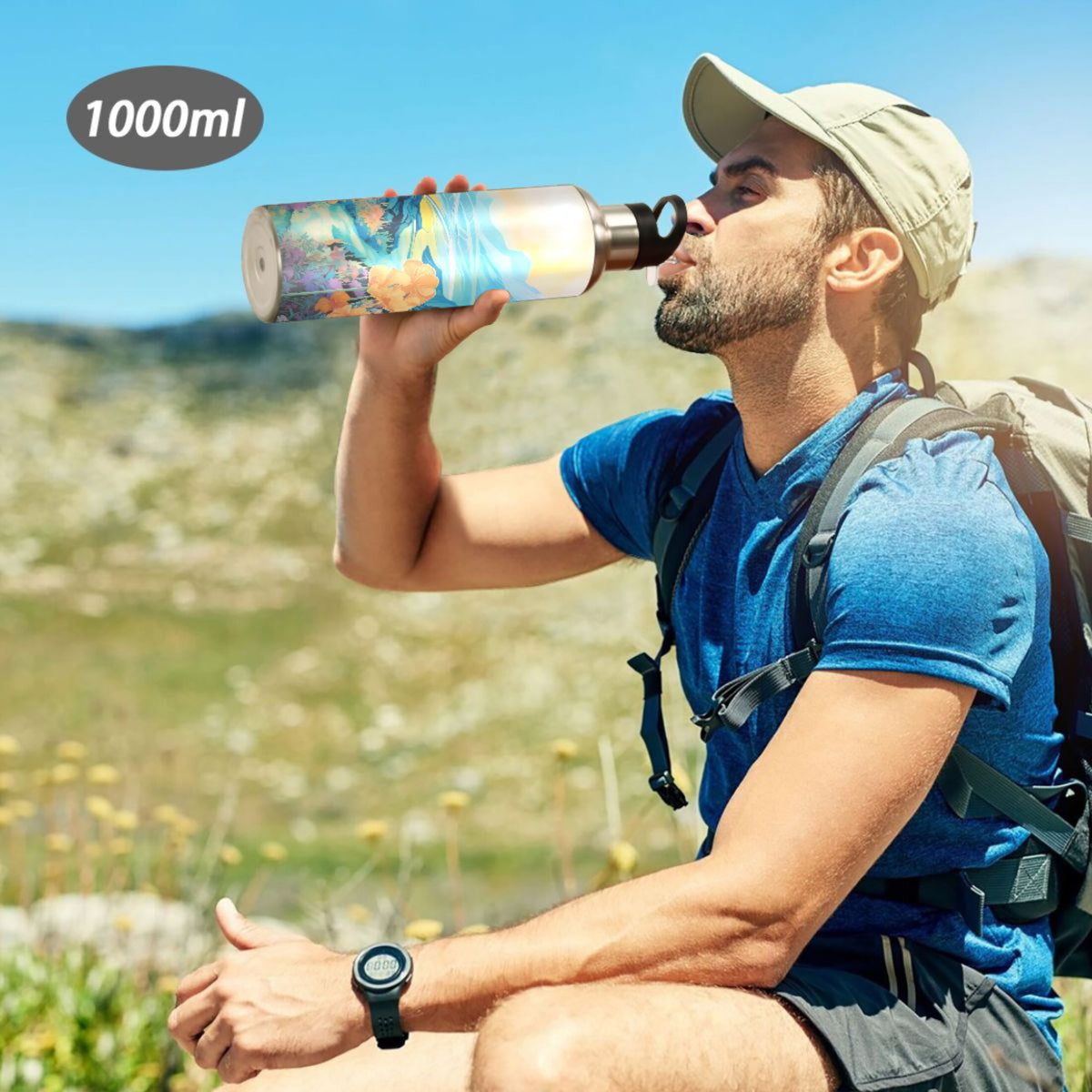 Blue Stainless Steel Insulated Water Bottle with Straw Lid O4913