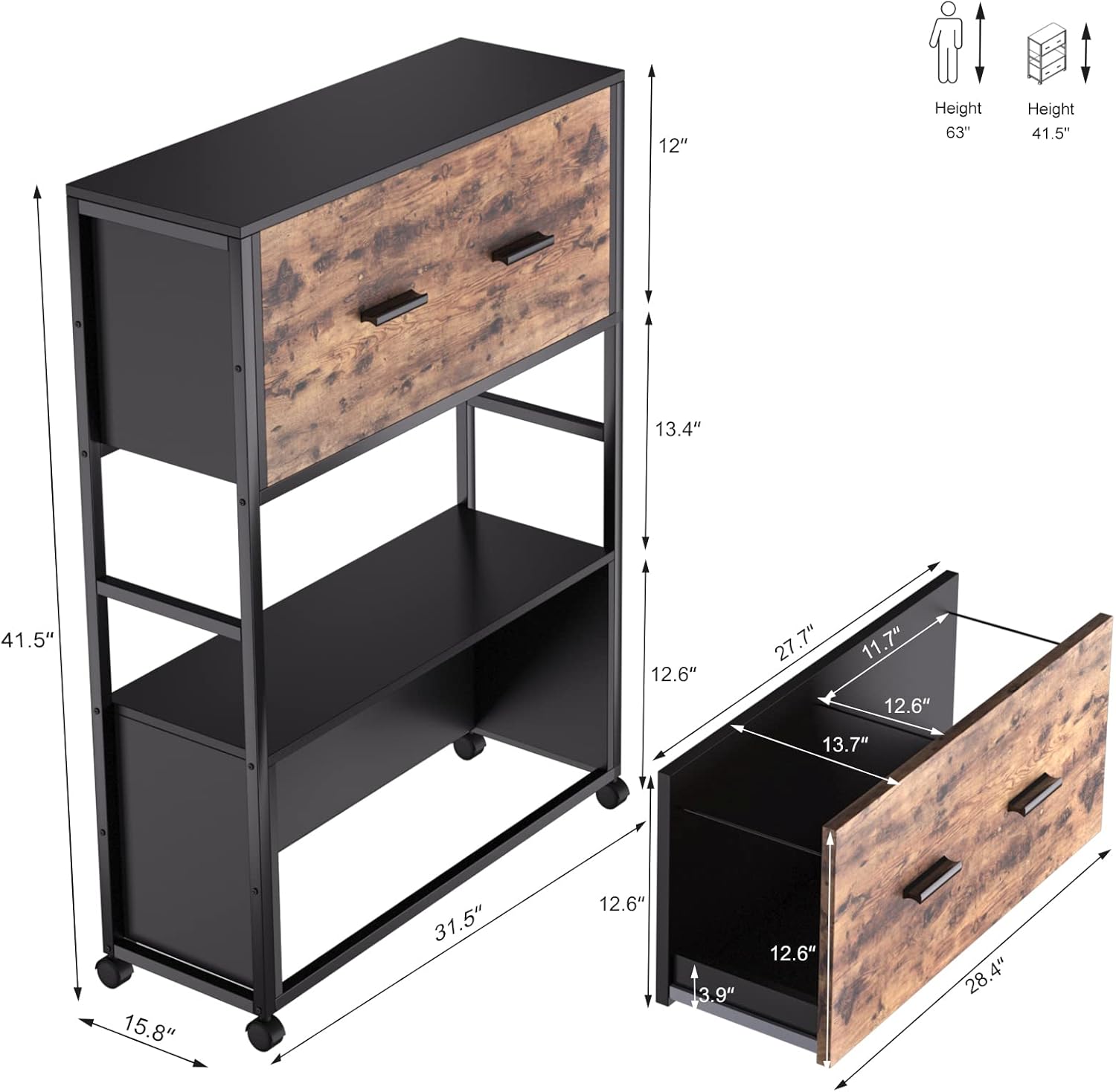 2 Drawer File Cabinet with Bookshelf, Rustic Brown A215