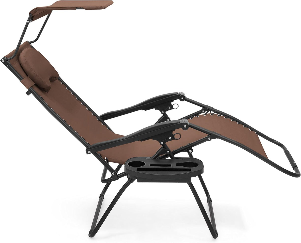 Oversized Steel Mesh Zero Gravity Reclining Lounge Patio Chair with Folding Canopy Shade and Cup Holder W39918