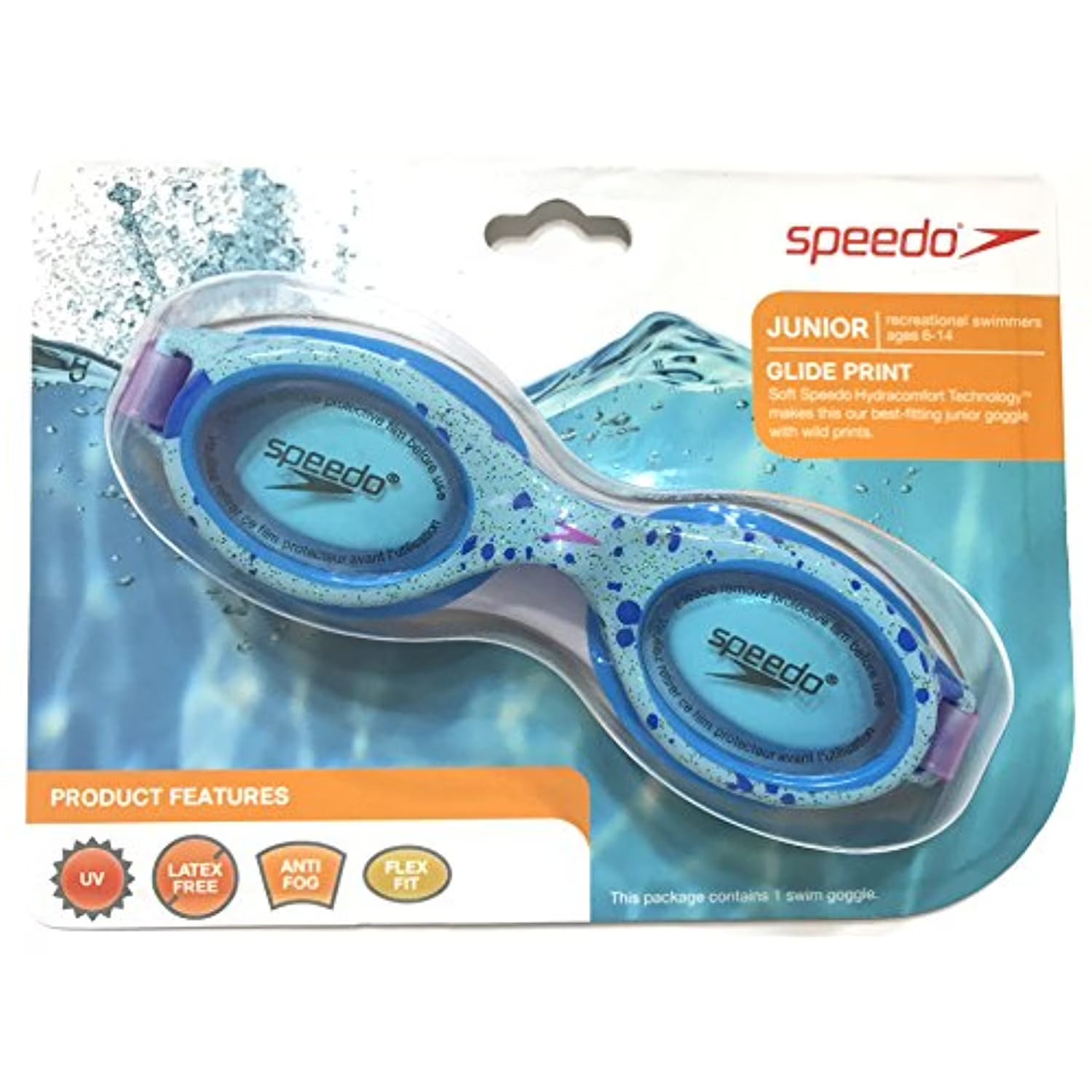 Junior Glide Print Swimming Goggles, Aqua with Blue Paint Splatter, Latex-Free, UV Protection, Anti-Fog E8817