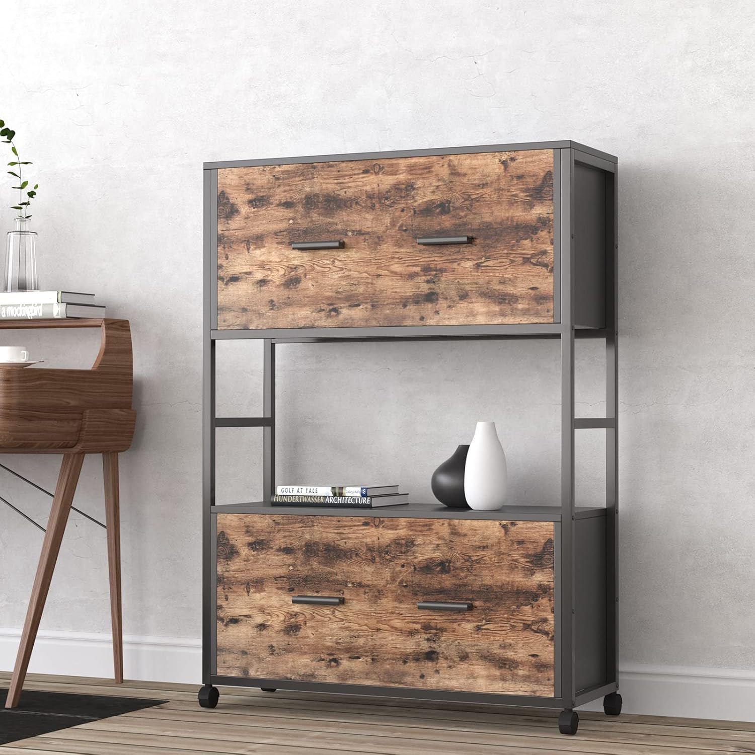 2 Drawer File Cabinet with Bookshelf, Rustic Brown A215