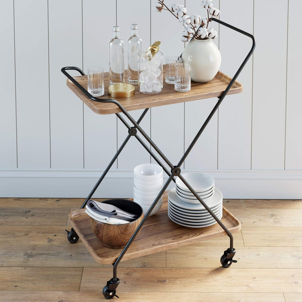 2-Tiered Rolling Serving Cart with Oak Wood Shelf M71838