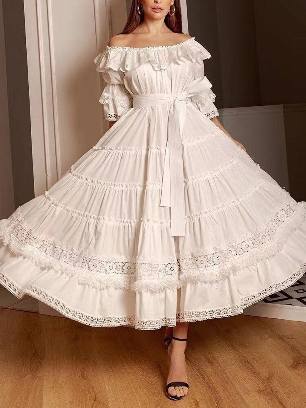 White Slash Neck Short Sleeve Long Dress L315985