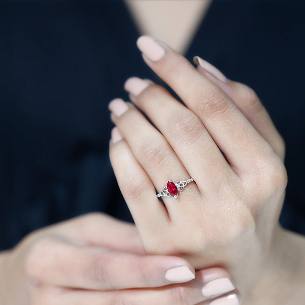 Marquise Shape Lab Grown Ruby Solitaire Ring with Diamond, 925 Sterling Silver, US 4.00 P3187
