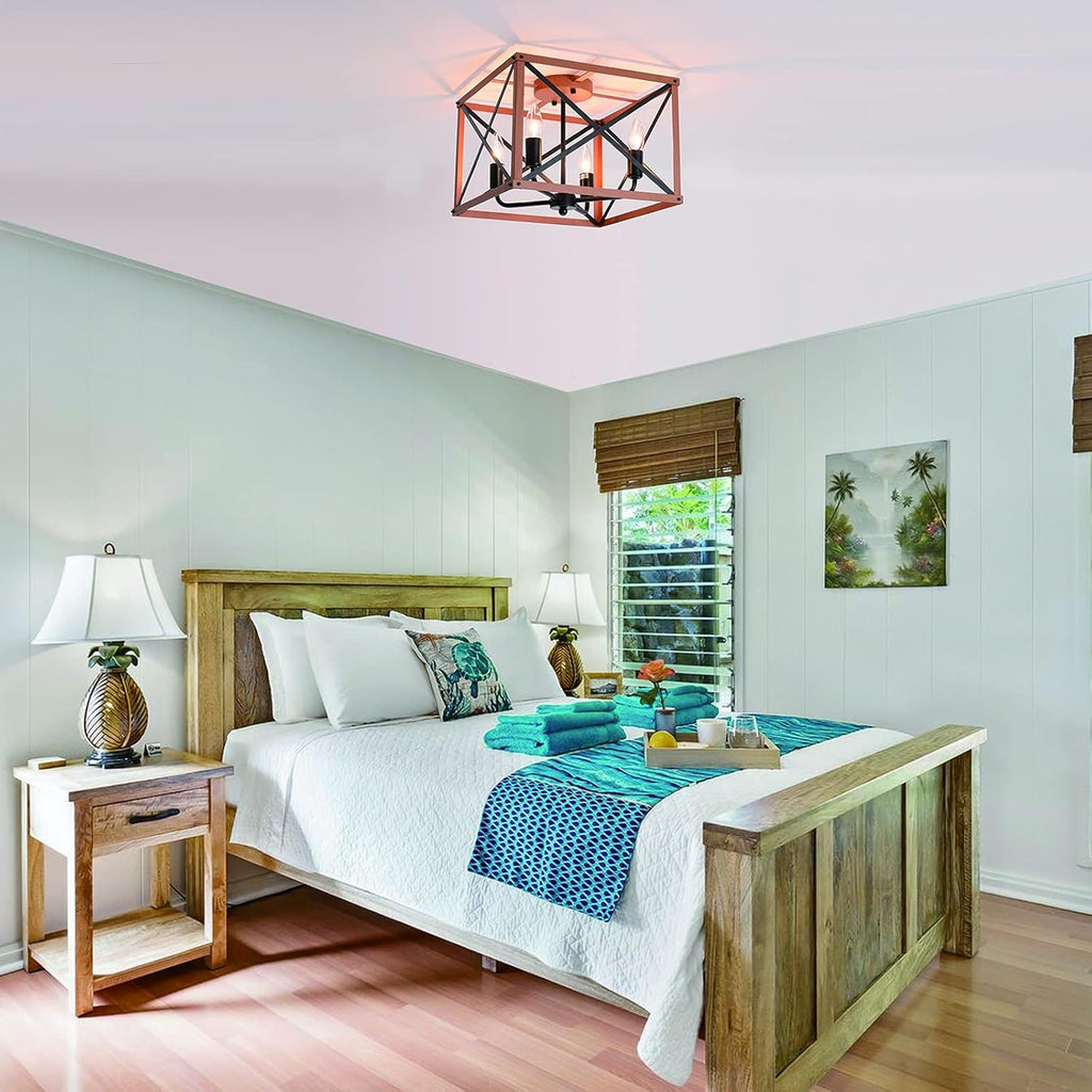 Retro Semi Flush Mount 4-Light Rectangle Wood Ceiling Light Fixture J903