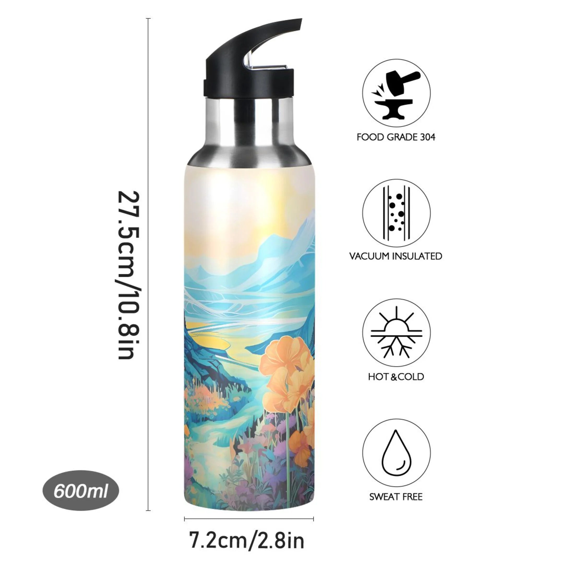 Blue Stainless Steel Insulated Water Bottle with Straw Lid O4913