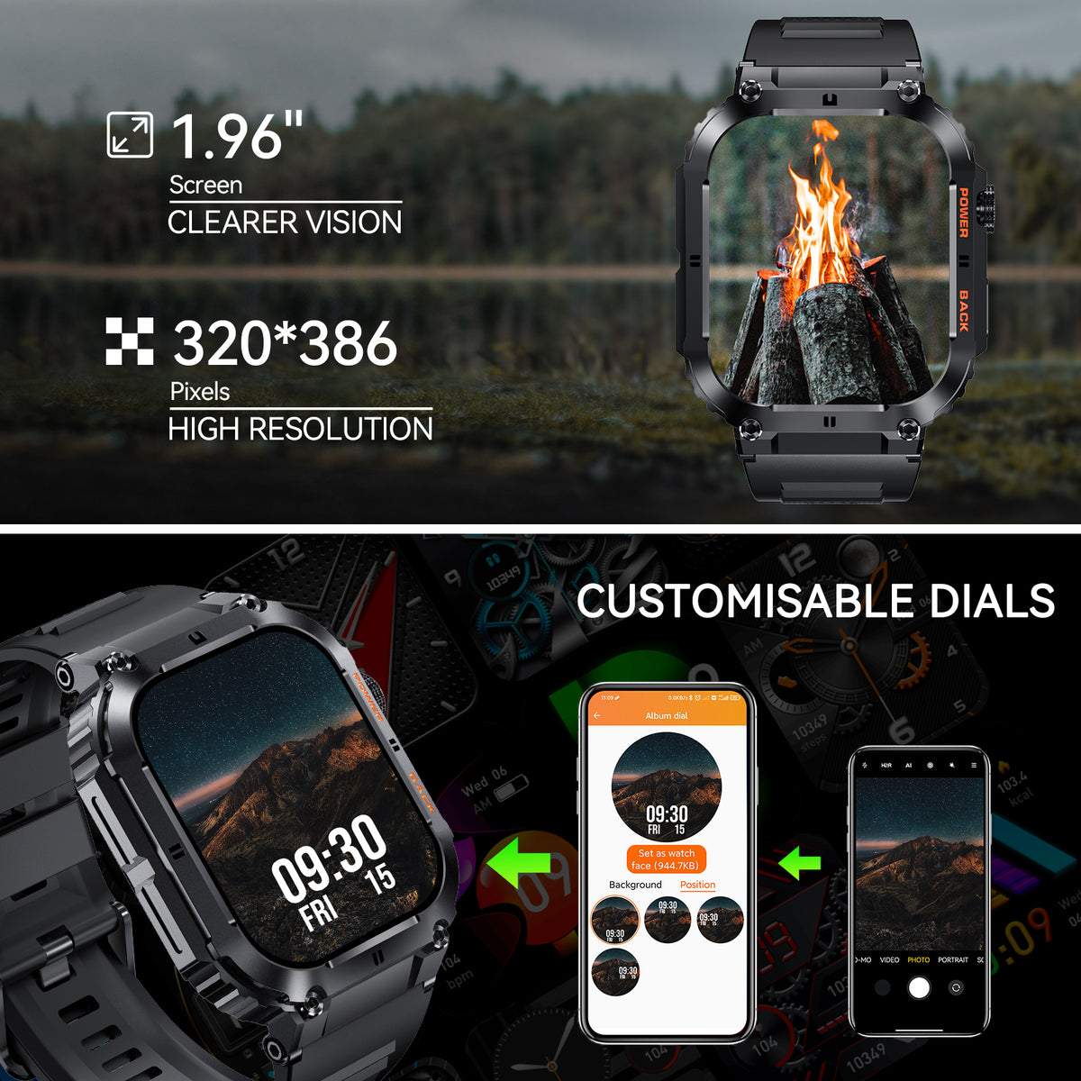 Rugged Tactical Smart Watch with 1.96'' HD Outdoor Fitness Tracker F533106