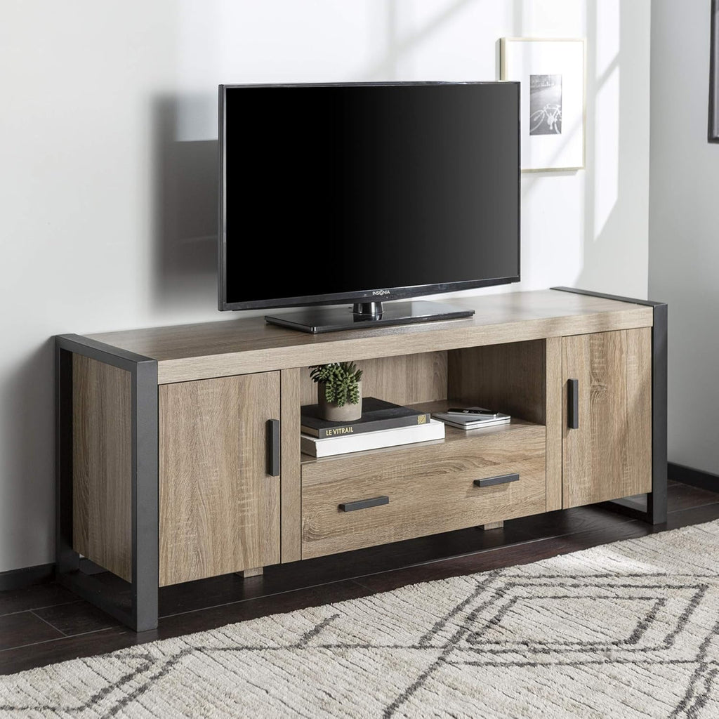 60 Inch Wood TV Stand with Cabinet Doors and Open Shelves Y610