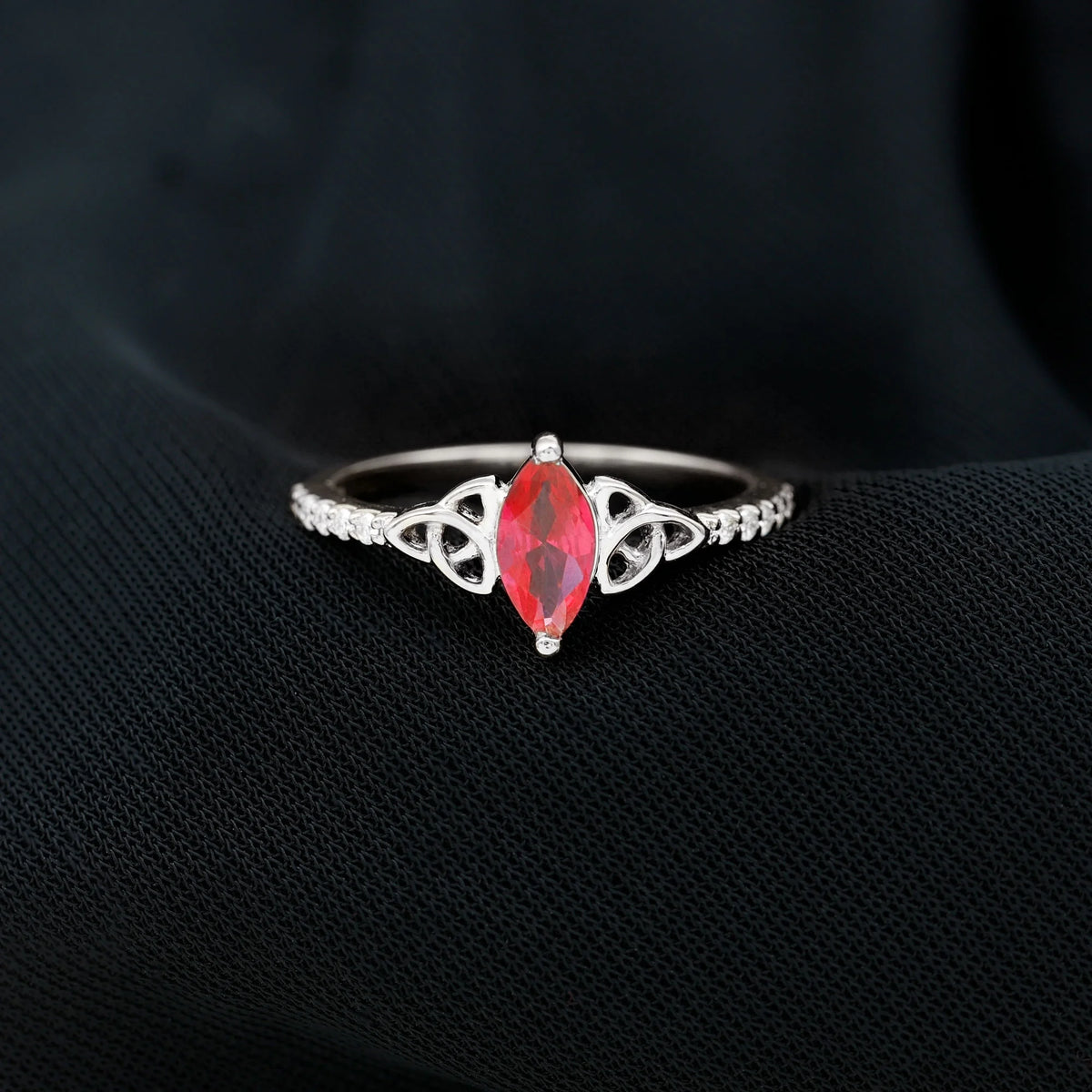 Marquise Shape Lab Grown Ruby Solitaire Ring with Diamond, 925 Sterling Silver, US 4.00 P3187